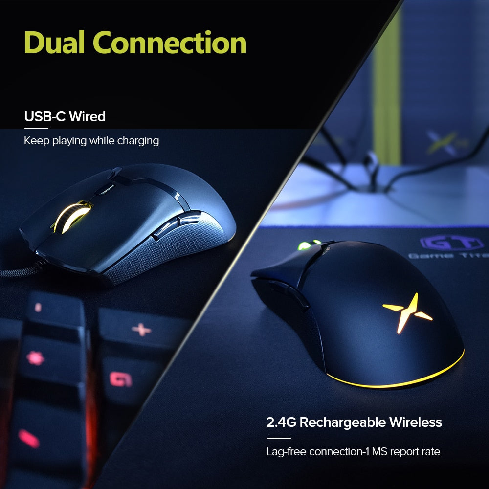 Delux M800 RGB 2.4Ghz Wireless + Wired Gaming Mouse Dual Mode 16000 DPI Lightweight Ergonomic 1000Hz Mice with Soft rope Cable